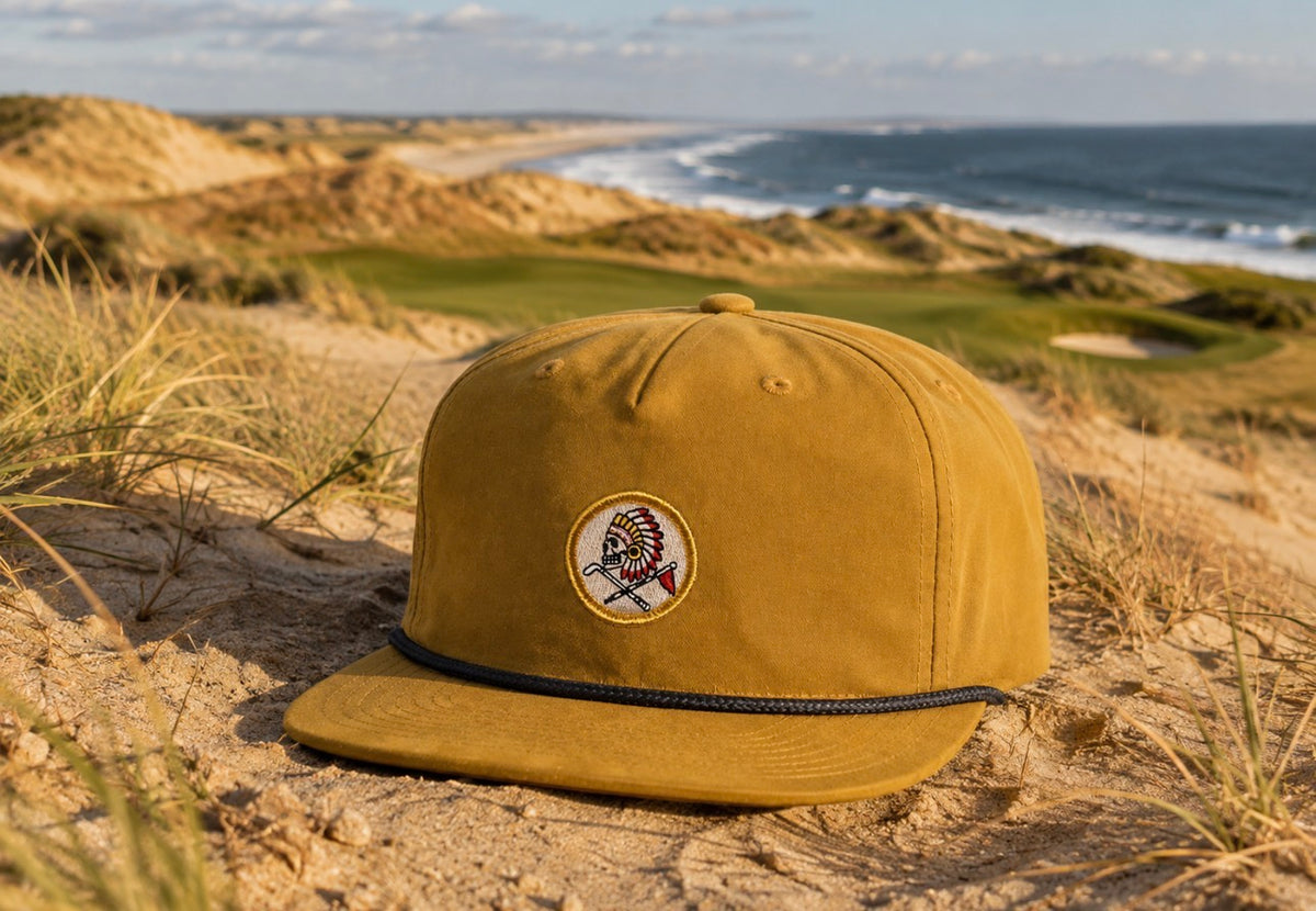 FLAG & IRON on Sandy Gold Throwback Rope Hat (mid to low crown)