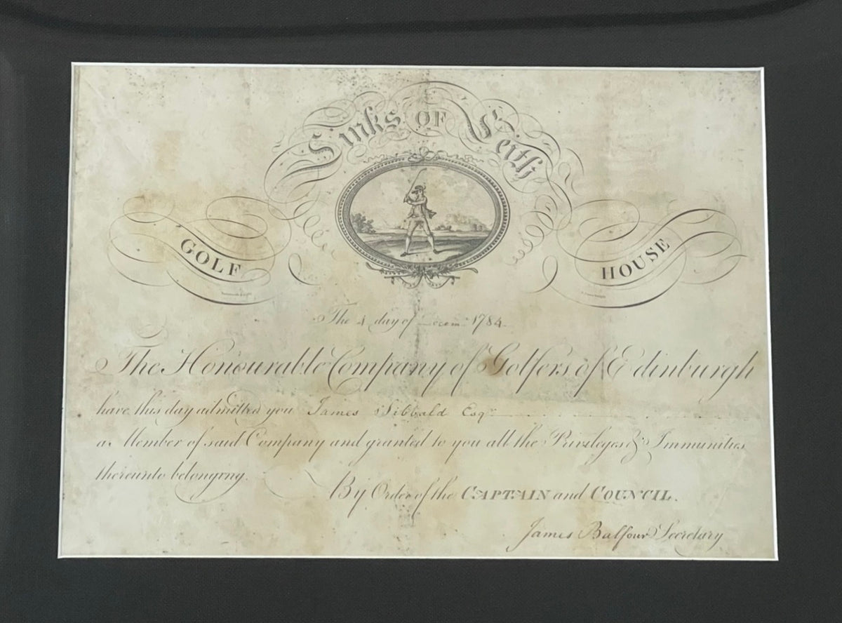 Original Membership Certificate for the Honourable Company of Edinburgh Golfers circa 1784