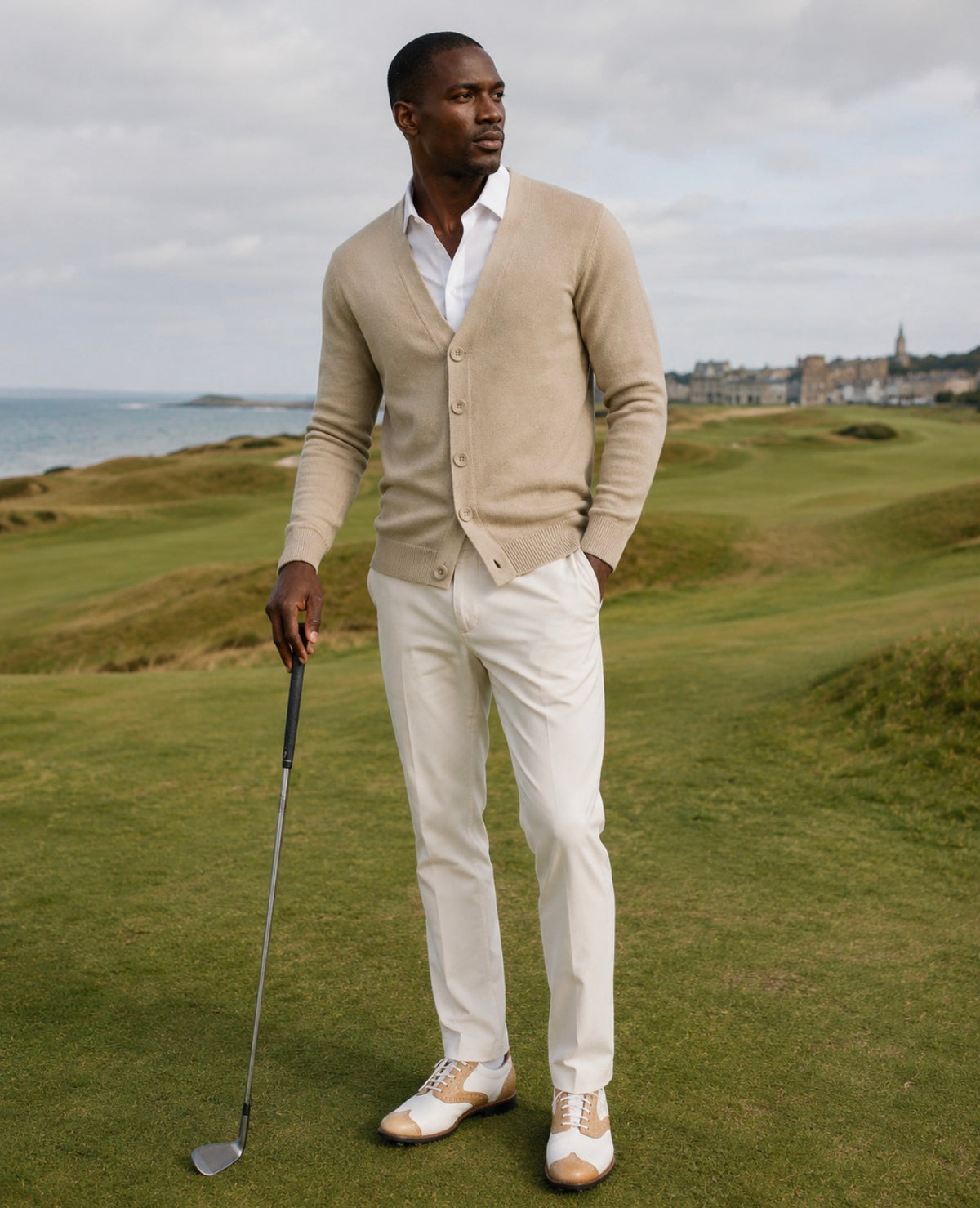 St Andrews Vintage Patch on Classic Tan/Cream Cardigan