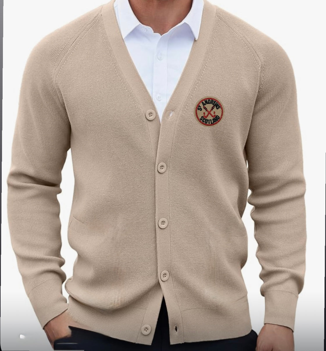 (Pre-Order) St Andrews Vintage Patch on Classic Tan Cardigan