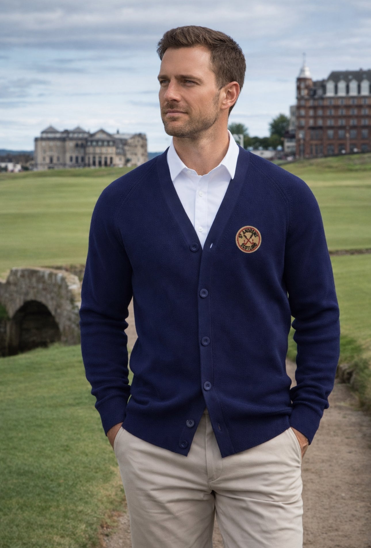 Pre-Order) St Andrews Vintage Patch Cardigan — Navy – Antiquity