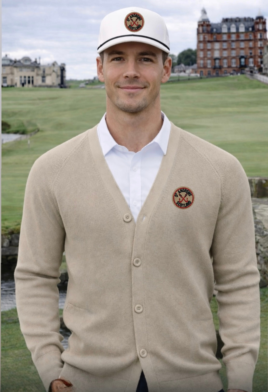 (Pre-Order) St Andrews Vintage Patch on Classic Tan Cardigan